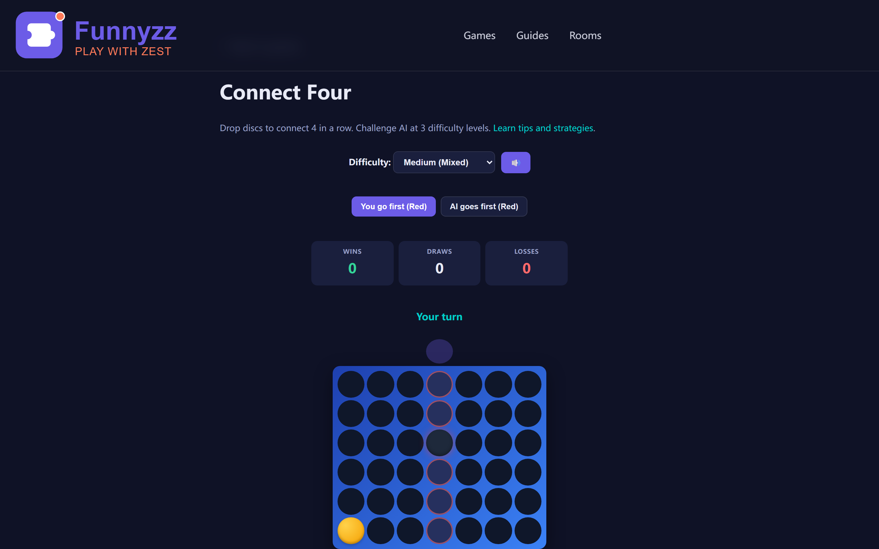 Connect Four gameplay showing mid-game board state with red and yellow discs competing for center column control