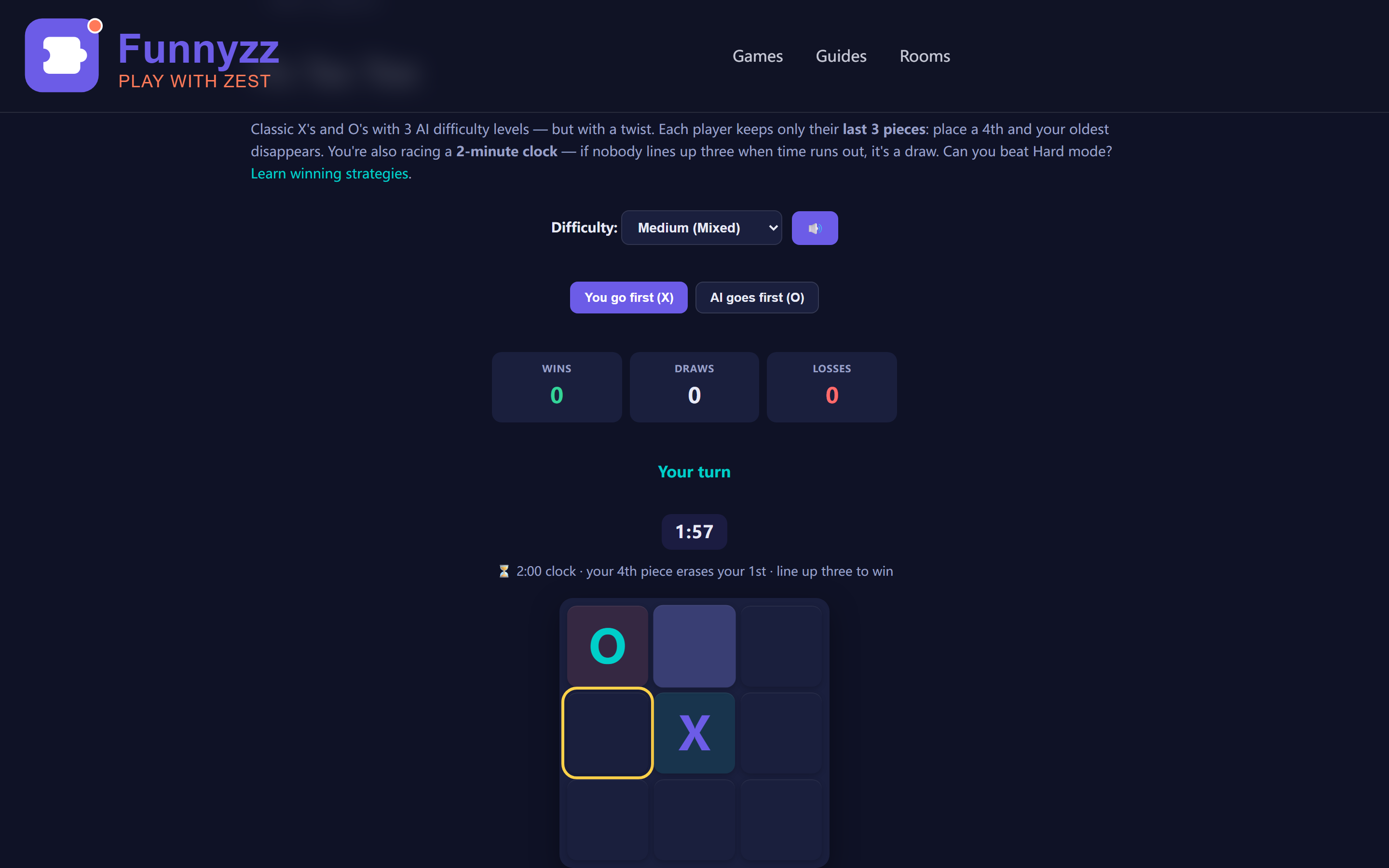 Tic Tac Toe mid-game: X controls the center and a corner while O attempts a defensive block — a typical strategic position in online play
