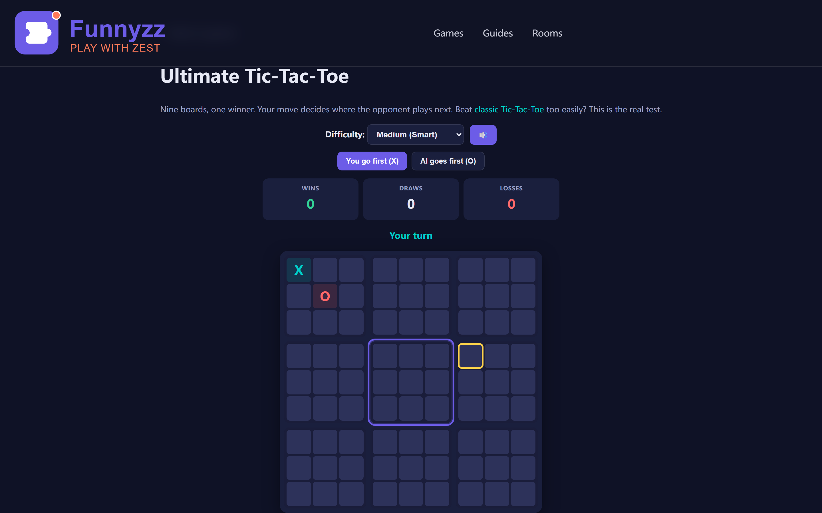 Mid-game state of Ultimate Tic-Tac-Toe with several boards won and active play