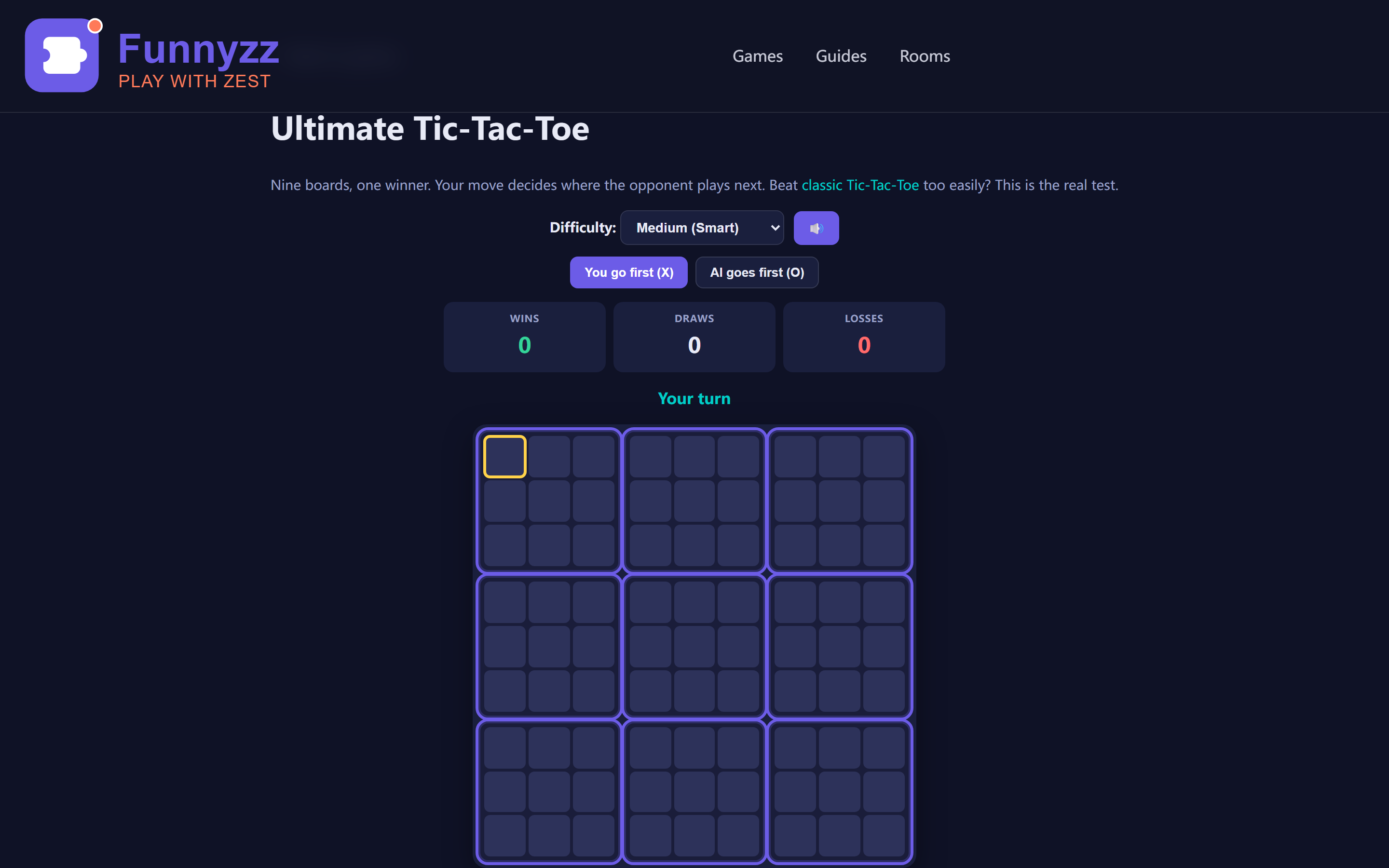 Ultimate Tic-Tac-Toe game screen showing nine small boards in a 3x3 grid, ready to play