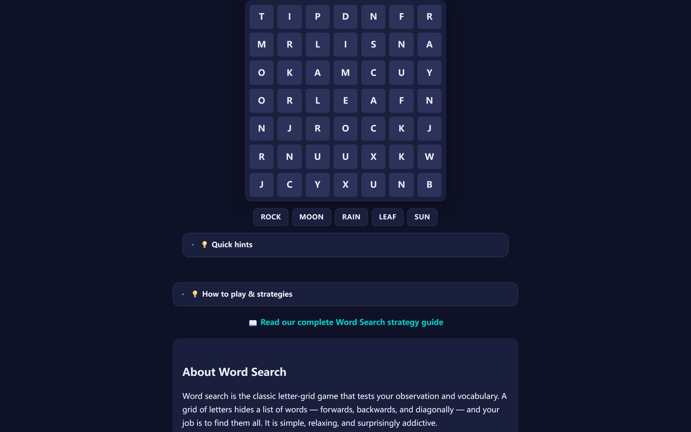 Word Search gameplay: a grid filled with letters where players search for hidden words in all 8 directions — horizontal, vertical, and diagonal